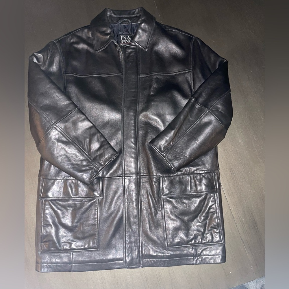 Jos A Bank 3/4 Length Black Leather Trench Coat / Size Large
